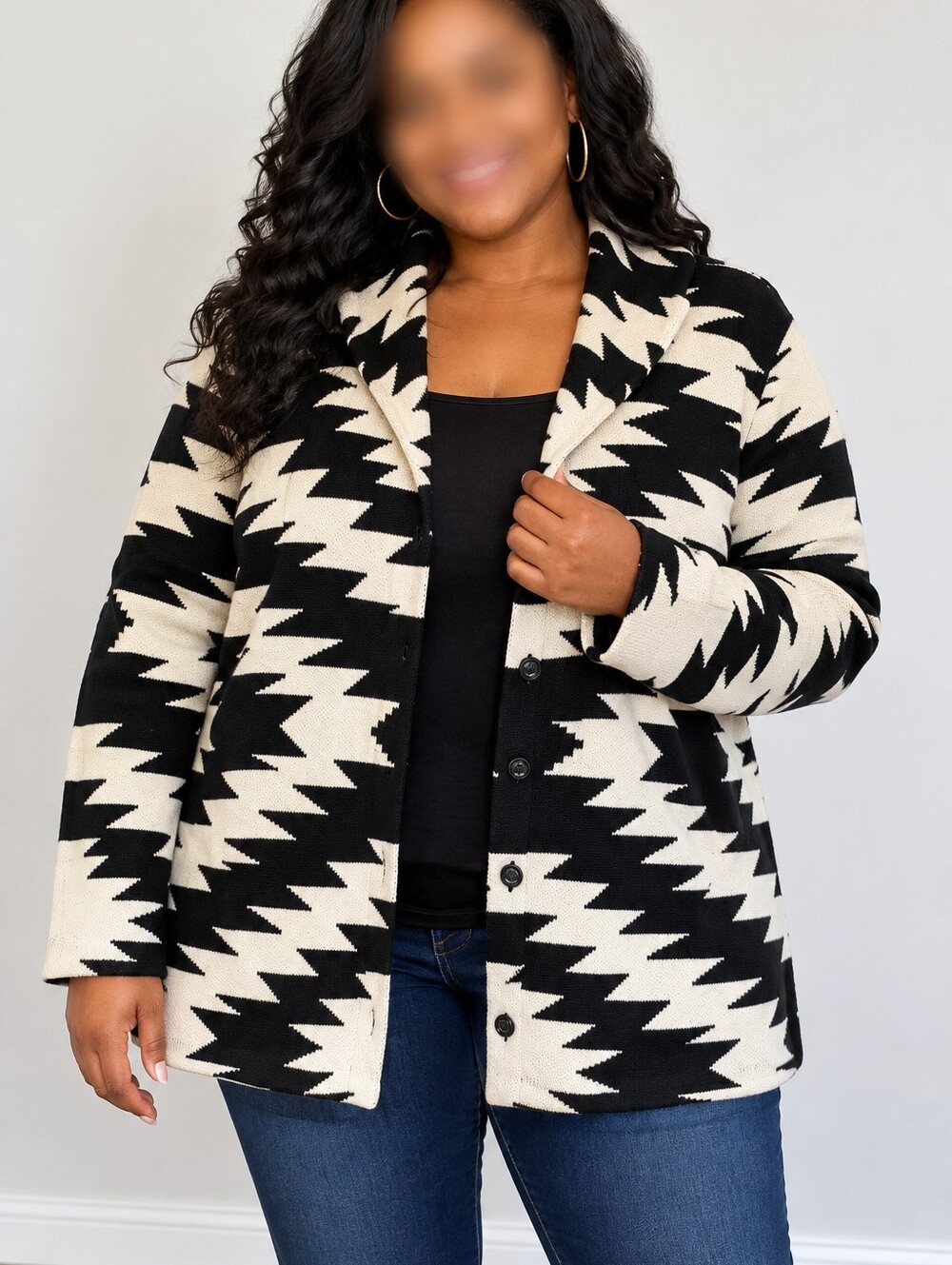 CHAPS Women’s 2X Black & Cream Southwestern Aztec Knit Cardigan Sweater